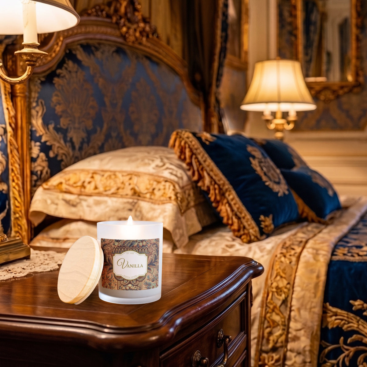 A decorative vanilla scented candle in a frosted glass vessel with a label featuring a floral Regency Era textile design, sits on a dark wood bedside table in an ornate luxurious bedroom setting.