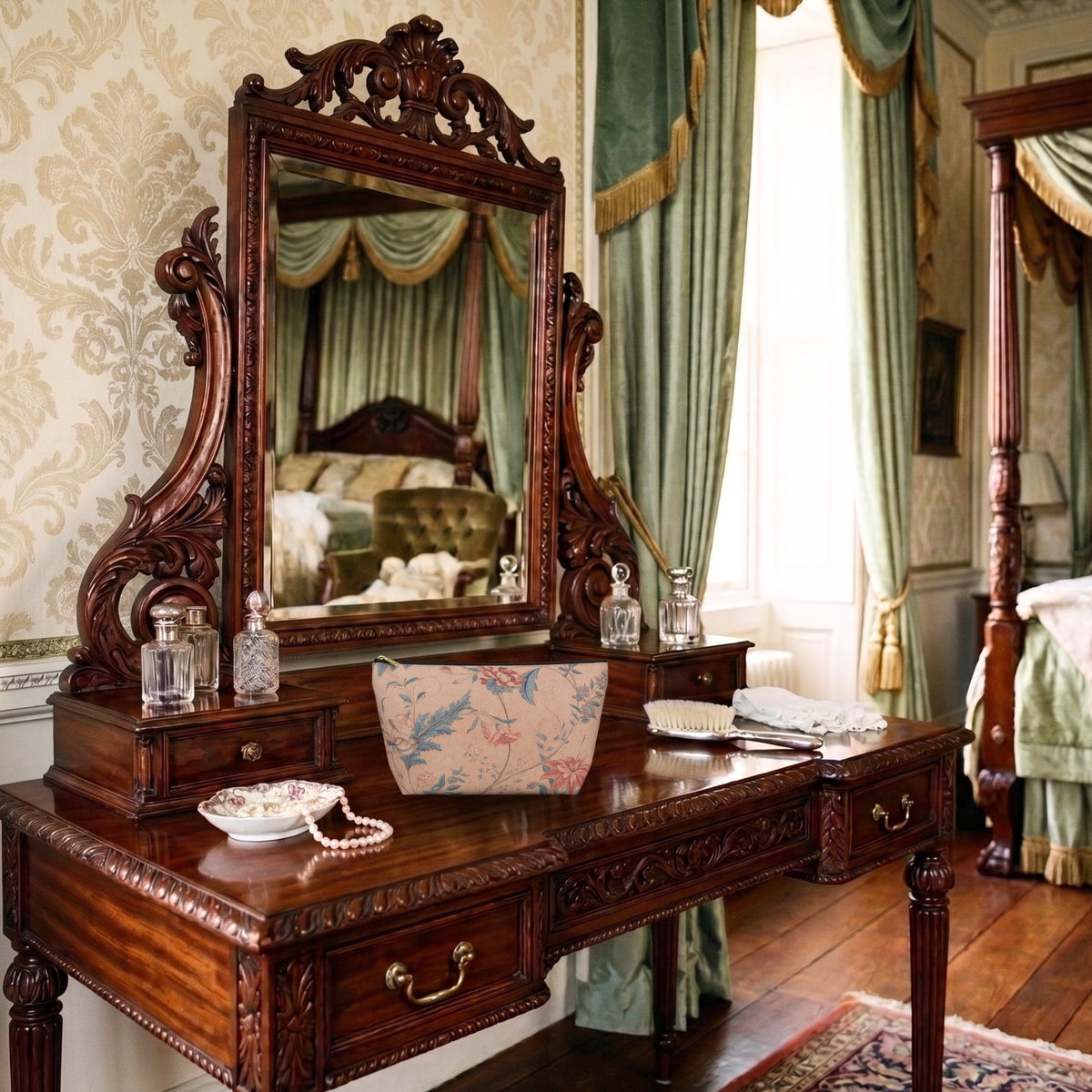 A decorative toiletry bag sits on a Regency era dark wood dressing table in vintage styled bedroom.