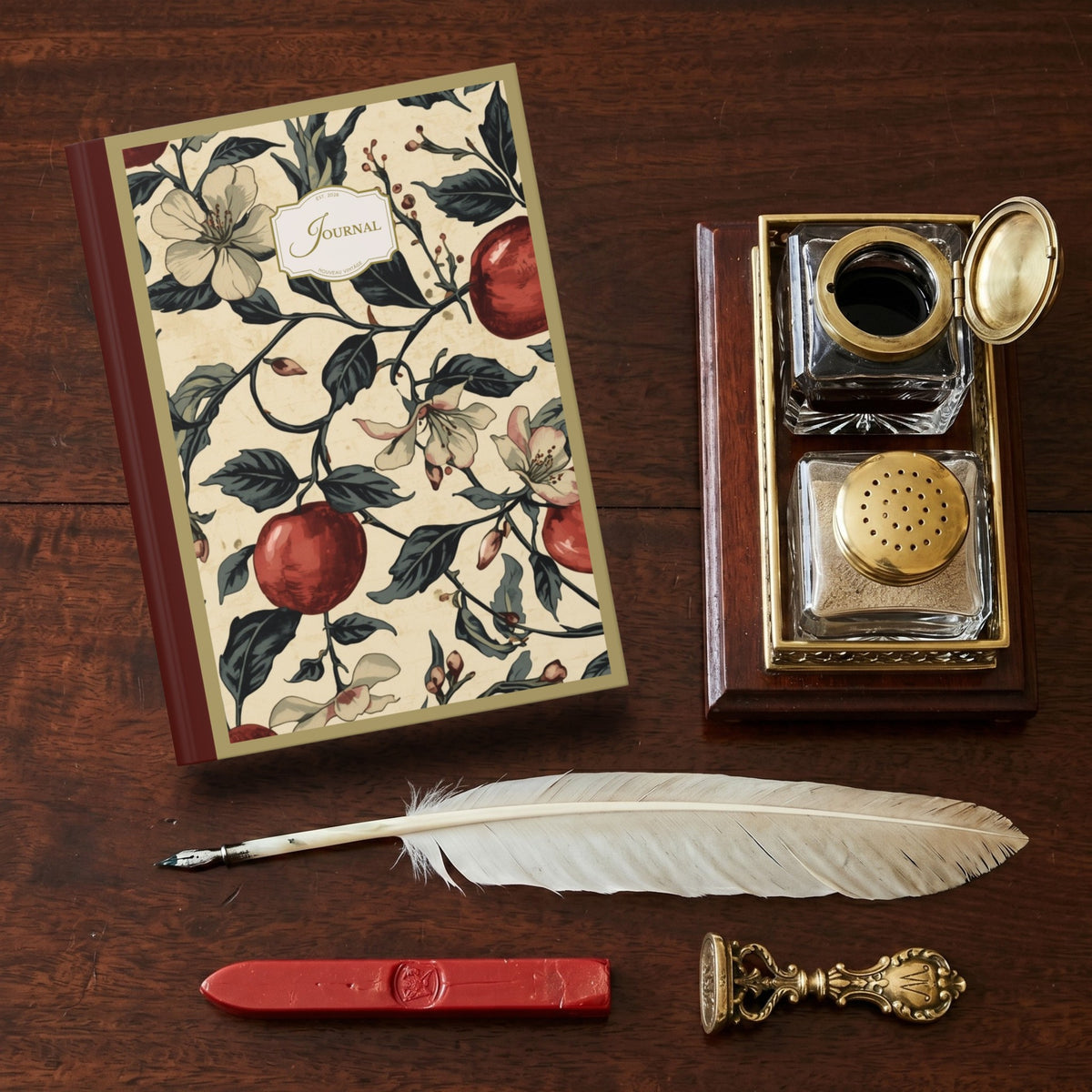 Decorative journal with inkwell set, feather pen, and sealing wax on a vintage wooden desk.