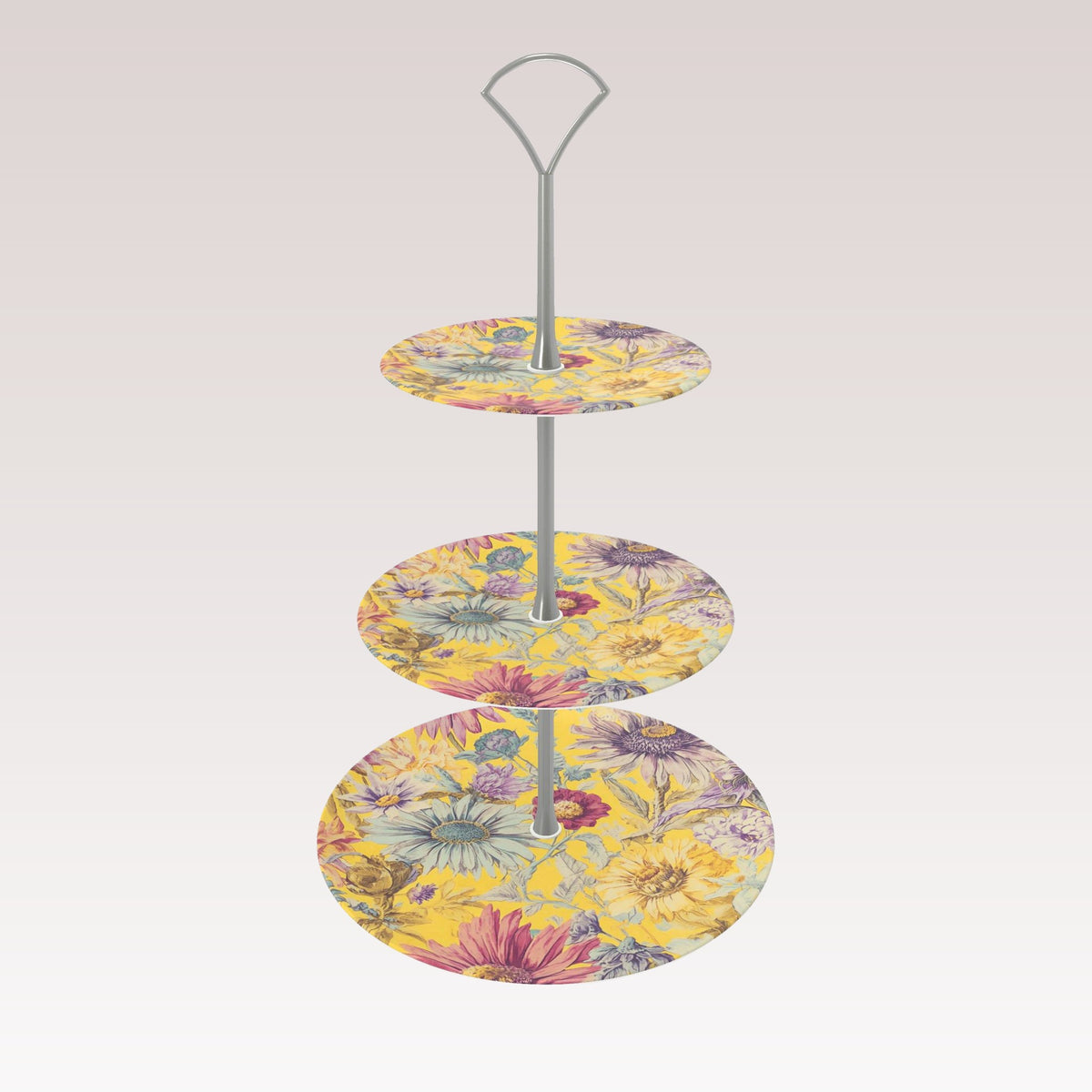 A decorative bone china tiered cake stand with a silver metal handle.