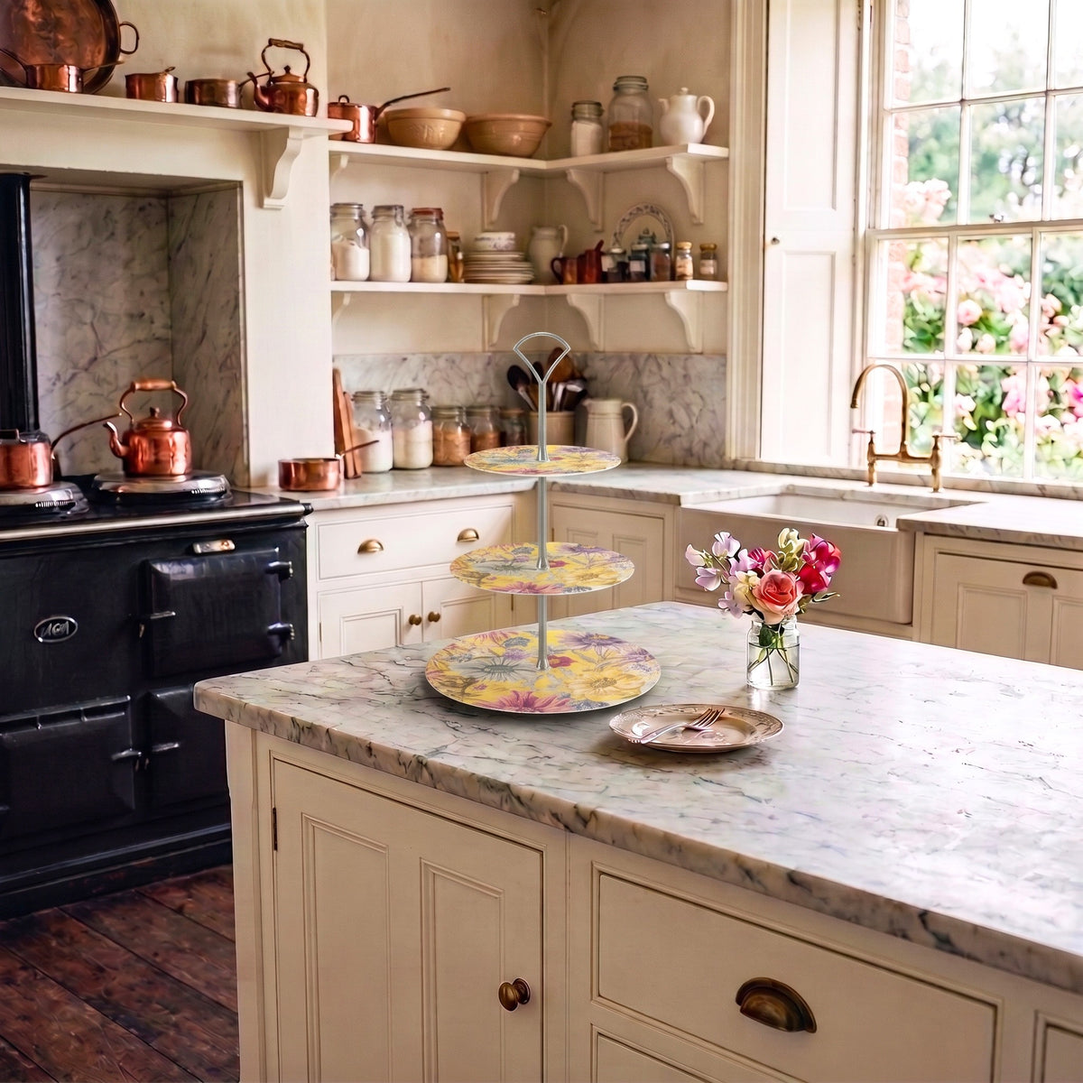 A decorative tiered cake stand sits on a marble bench in a classic vintage styled kitchen.