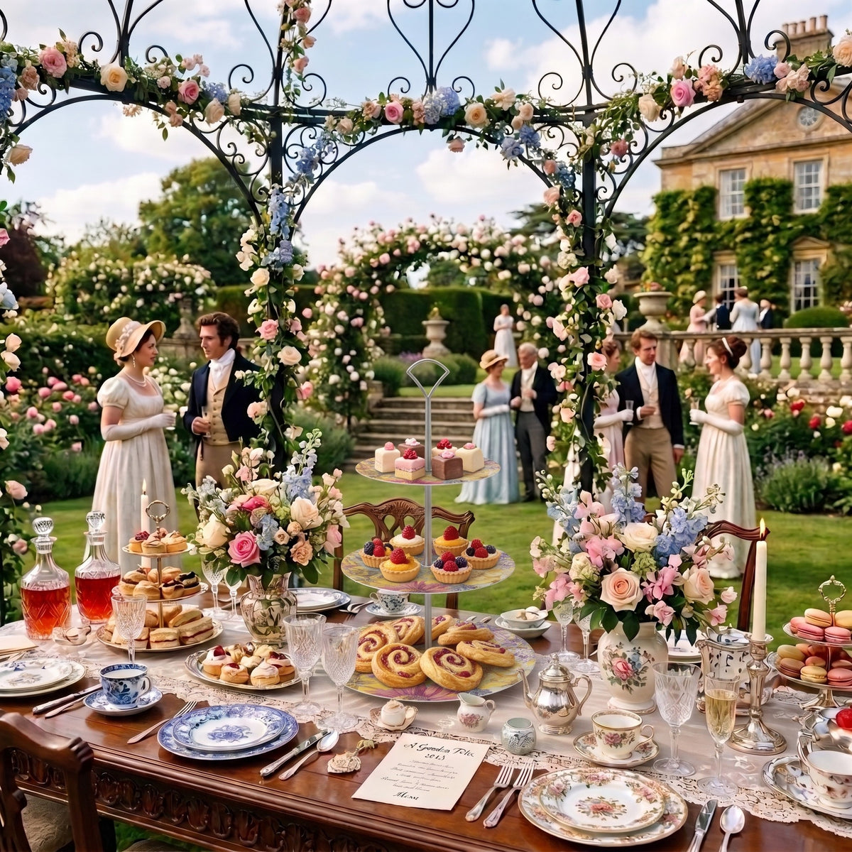 A decorative tiered cake stand laden with pastries and cakes sits on a decorated table under a floral arch in a Regency era garden tea party.