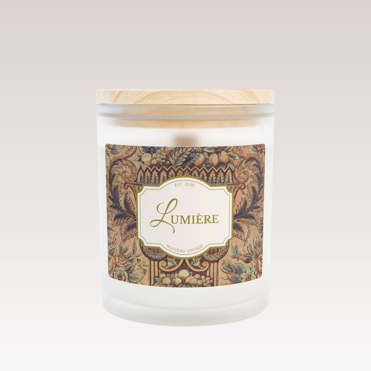 A close-up front view of a white candle in a frosted glass jar with a single wooden wick and wooden lid.