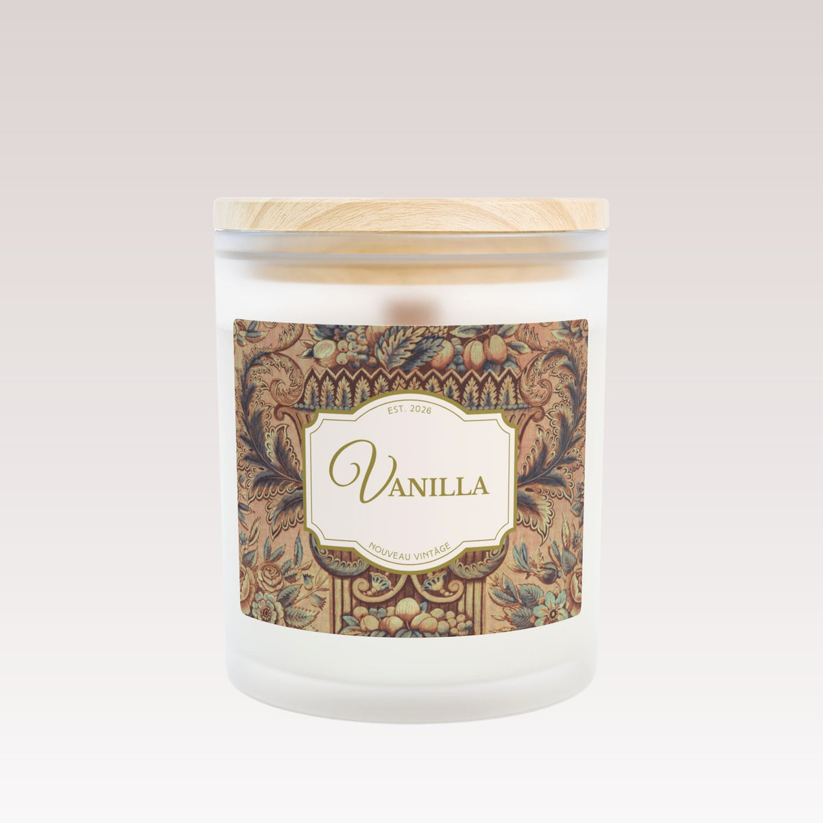A close-up front view of a white candle in a frosted glass jar with a single wooden wick and wooden lid.