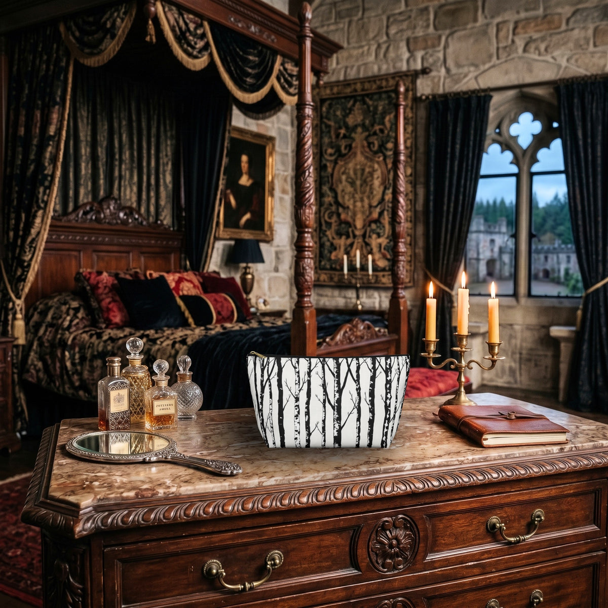 A decorative toiletry bag sits on a vintage wooden dresser in a medieval gothic-style bedroom. 
