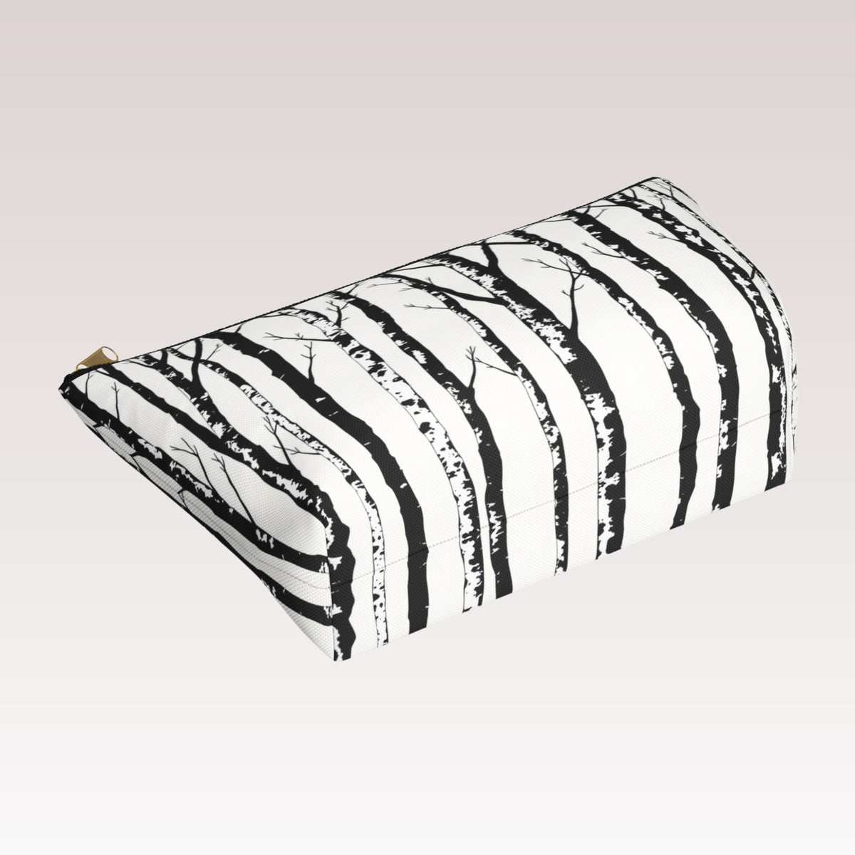 Decorative toiletry bag with a black zipper and a gold-tone zipper pull.