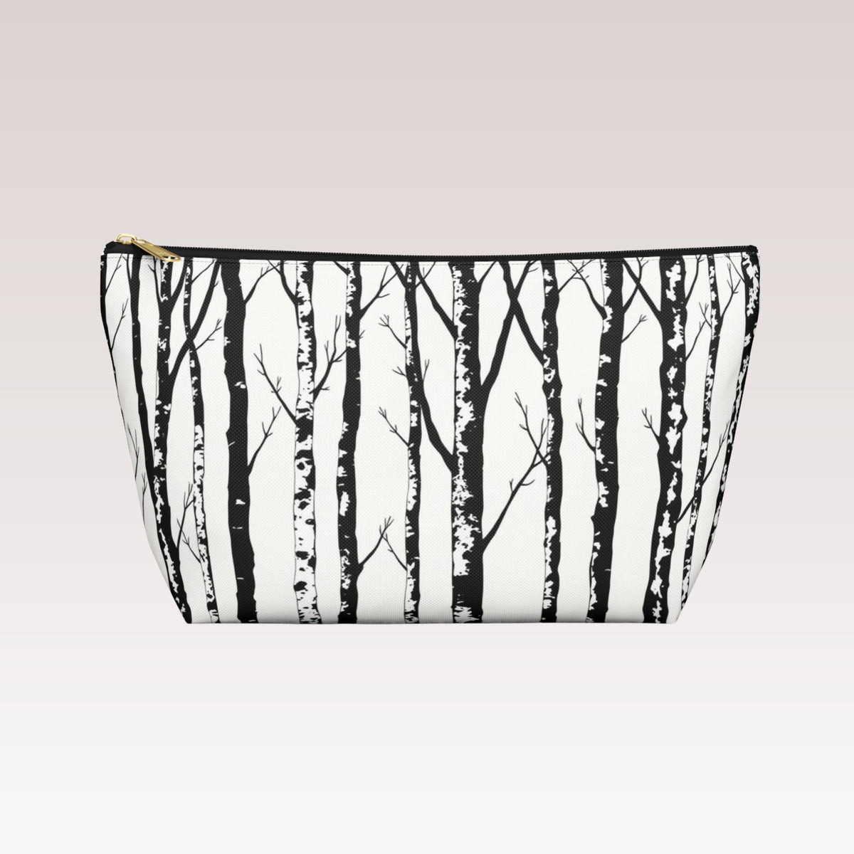 Decorative toiletry bag with a black zipper and a gold-tone zipper pull.