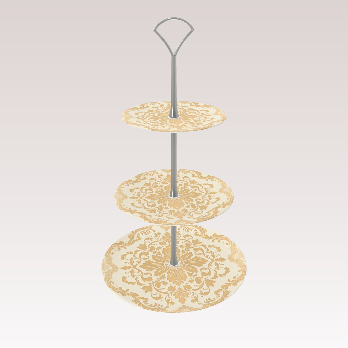 A decorative bone china tiered cake stand with a silver metal handle.