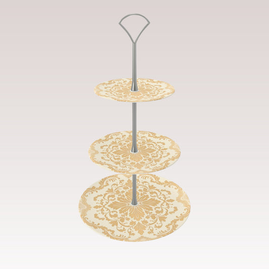 A decorative bone china tiered cake stand with a silver metal handle.