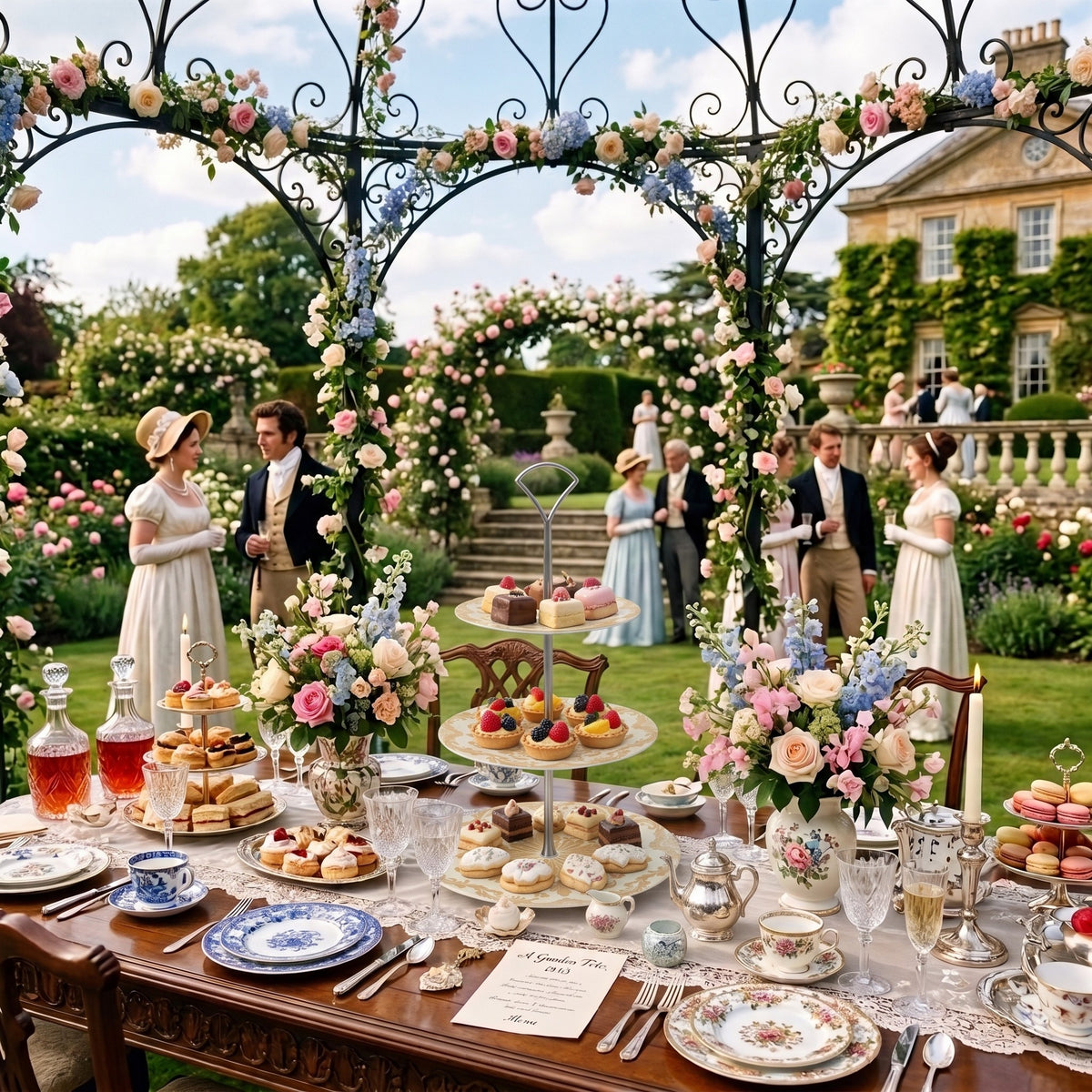 A decorative tiered cake stand laden with pastries and cakes sits on a decorated table under a floral arch in a Regency era garden tea party.
