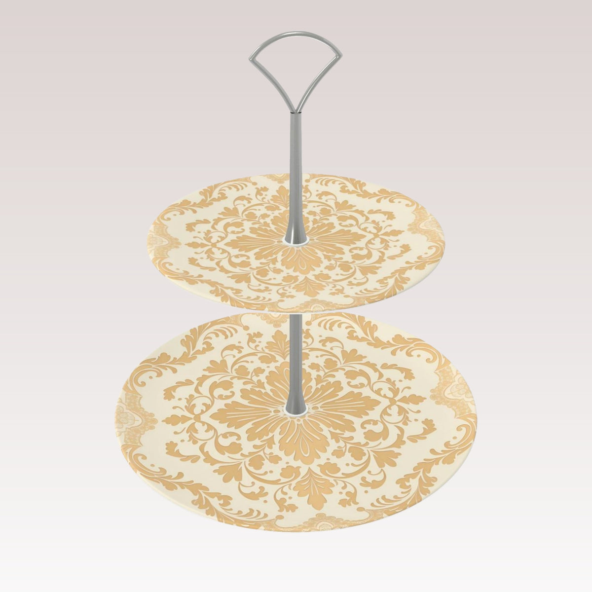 A decorative bone china tiered cake stand with a silver metal handle.