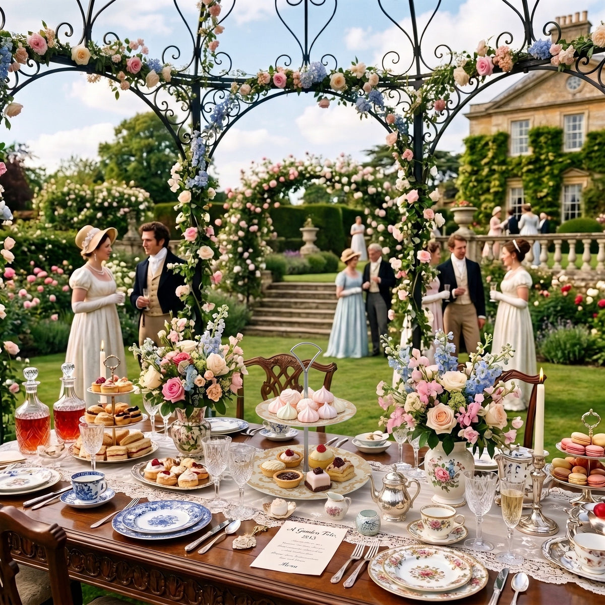 A decorative tiered cake stand laden with pastries and cakes sits on a decorated table under a floral arch in a Regency era garden tea party.