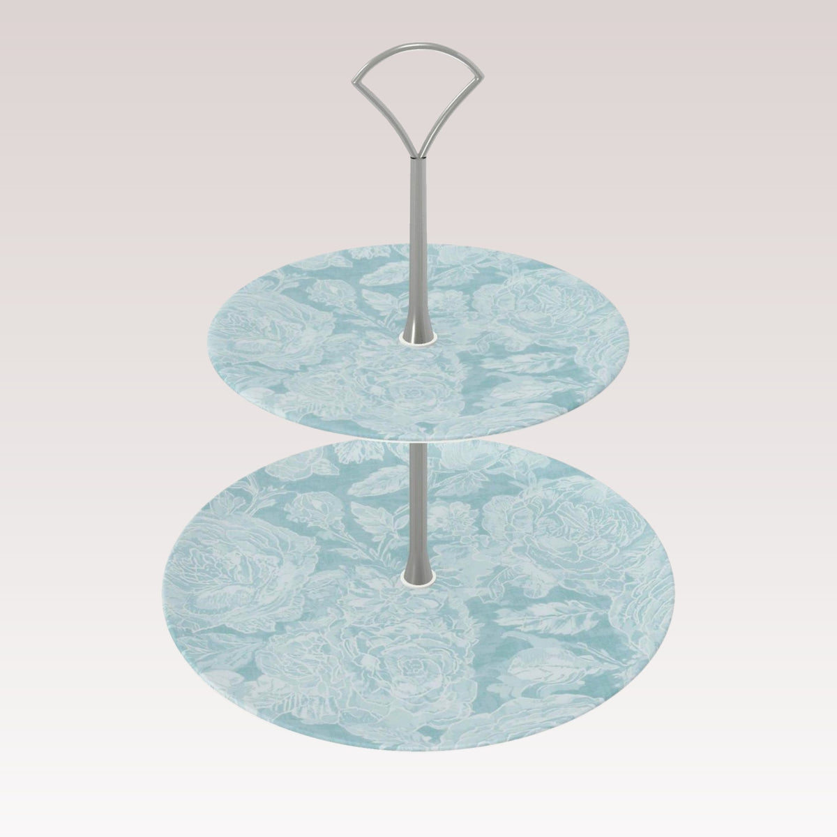 A decorative bone china tiered cake stand with a silver metal handle.