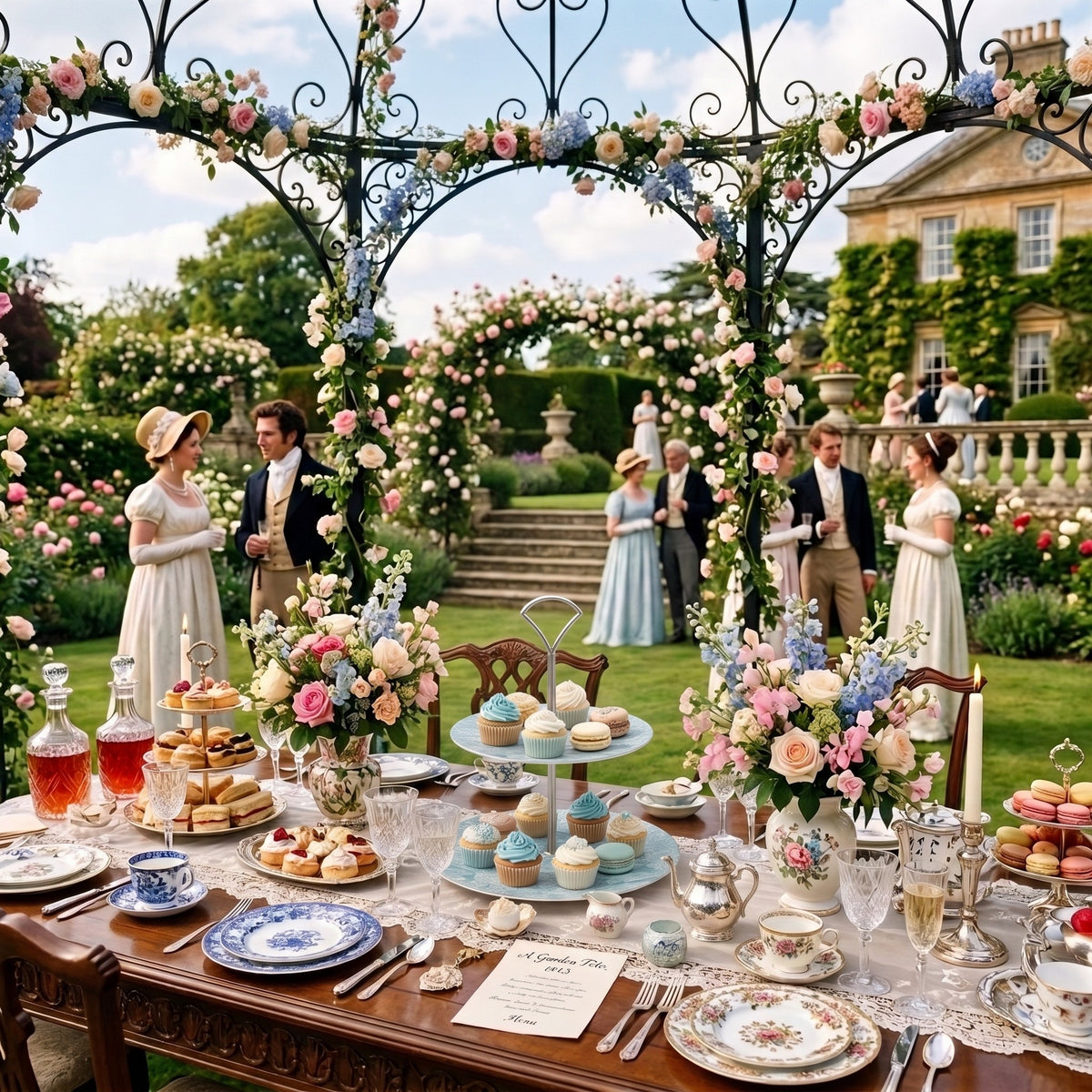 A decorative tiered cake stand laden with pastries and cakes sits on a decorated table under a floral arch in a Regency era garden tea party.
